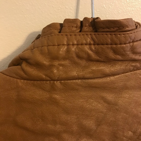 Camel Vegan Leather Jacket Ruffle Neck - Picture 7 of 8